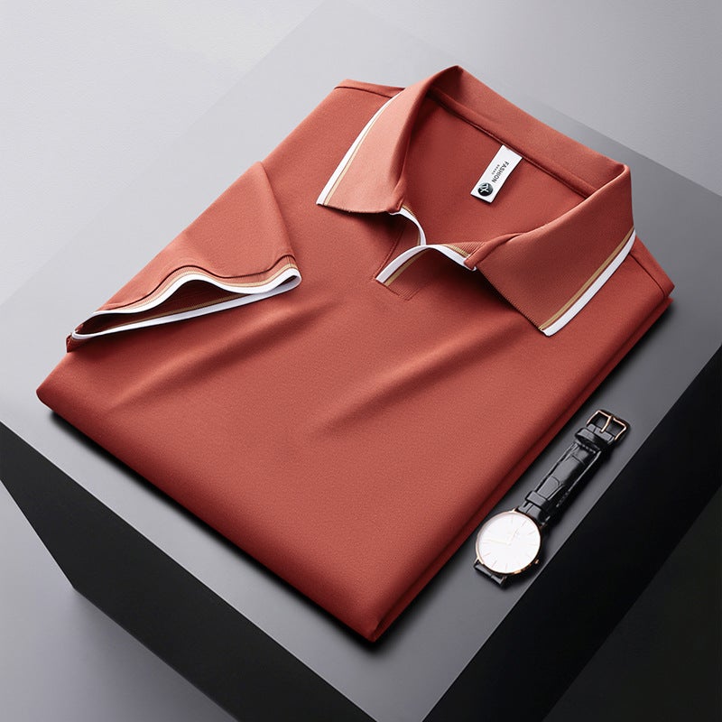 Men's Short Sleeve Silk Polo Shirt V-Neck Casual Top - Image 2