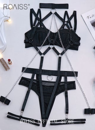 ملابس داخلية نسائية بأشرطة مع أصفاد ورقبة رسن وحزام للجسم طقم ملابس داخلية للنساء بدلة نسائية للسيدات والزوجة والصديقة