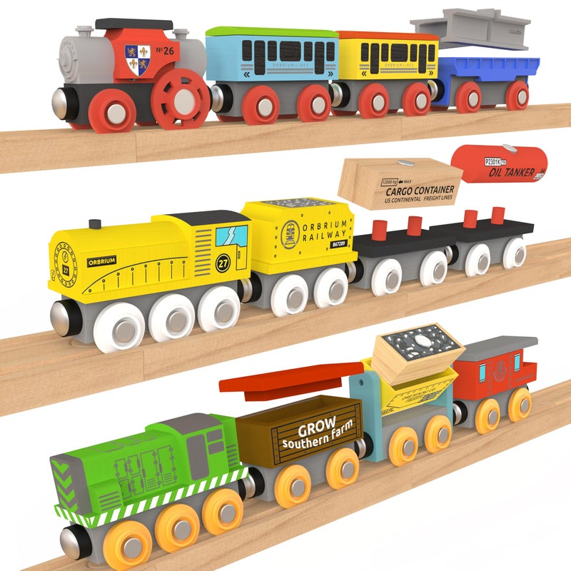 Orbrium Wooden Train Set 12 PCS Magnetic Toy Train Cars with Storage Box Cover Tunnel Compatible with Thomas Brio Melissa and Doug Wooden Railway Toys for Grandkids Kids Toddlers Boys Girls - Image 3