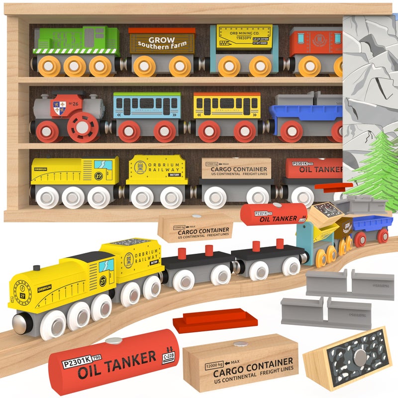 Orbrium Wooden Train Set 12 PCS Magnetic Toy Train Cars with Storage Box Cover Tunnel Compatible with Thomas Brio Melissa and Doug Wooden Railway Toys for Grandkids Kids Toddlers Boys Girls - Image 2