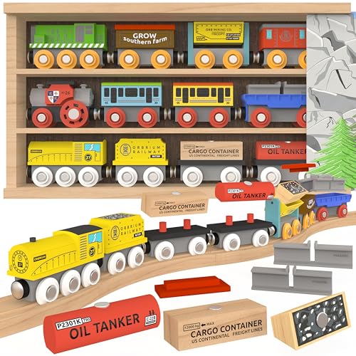 Orbrium Wooden Train Set 12 PCS Magnetic Toy Train Cars with Storage Box Cover Tunnel Compatible with Thomas Brio Melissa and Doug Wooden Railway Toys for Grandkids Kids Toddlers Boys Girls - Image 1