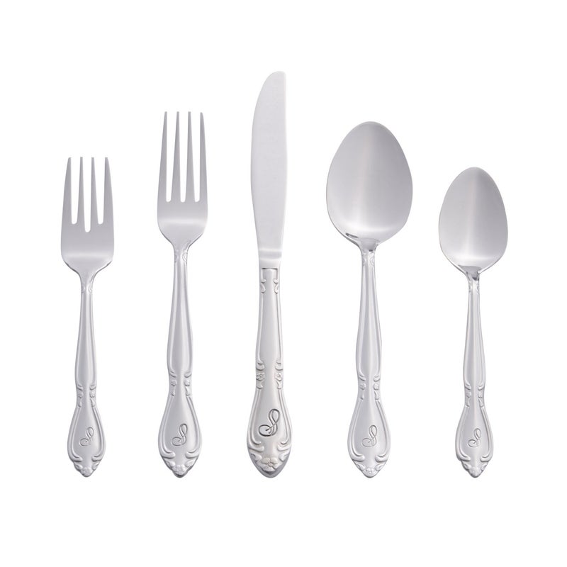 RiverRidge Rose Monogrammed Flatware Set 46 Piece Silverware  S  Utensils Set with Serving Pieces Heavy Gauge Stainless Steel Mirror Finish Dishwasher Safe Cutlery for Daily Use