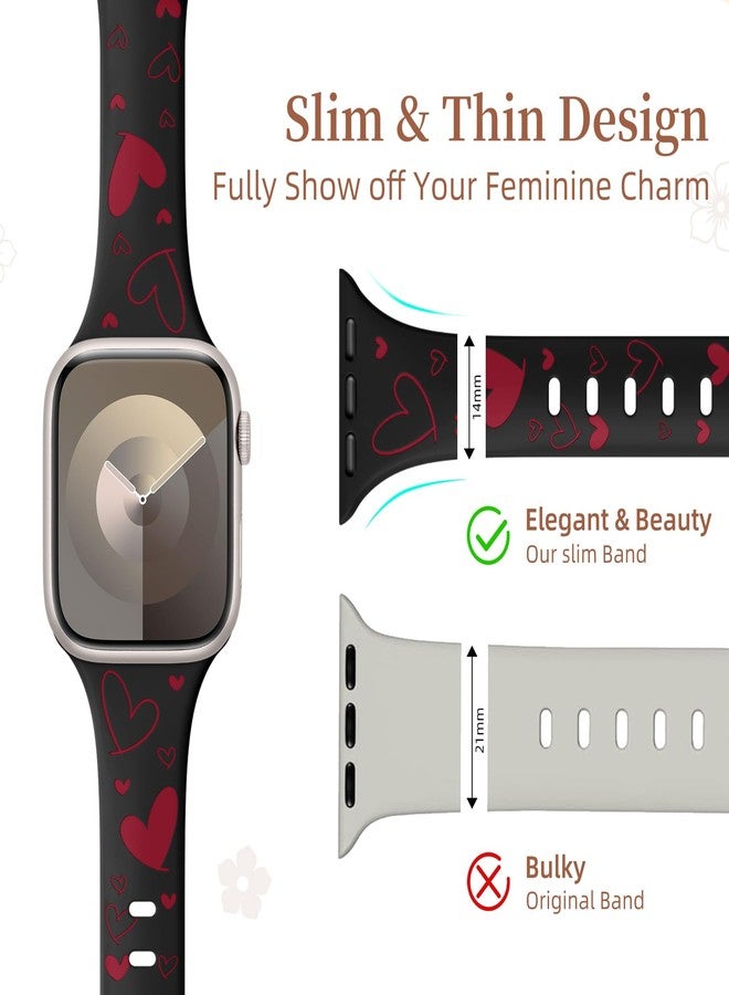 Lerobo Heart Engraved Band Compatible with Apple Watch Bands 44mm 45mm 46mm 42mm 49mm Women, Slim Thin Cute Two-Tone Soft Sport Strap for iWatch Bands Series 11 10 9 8 7 6 5 4 3 2 1 SE Ultra,Black/Red - Image 3
