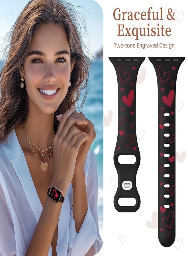Lerobo Heart Engraved Band Compatible with Apple Watch Bands 44mm 45mm 46mm 42mm 49mm Women, Slim Thin Cute Two-Tone Soft Sport Strap for iWatch Bands Series 11 10 9 8 7 6 5 4 3 2 1 SE Ultra,Black/Red - Image 2