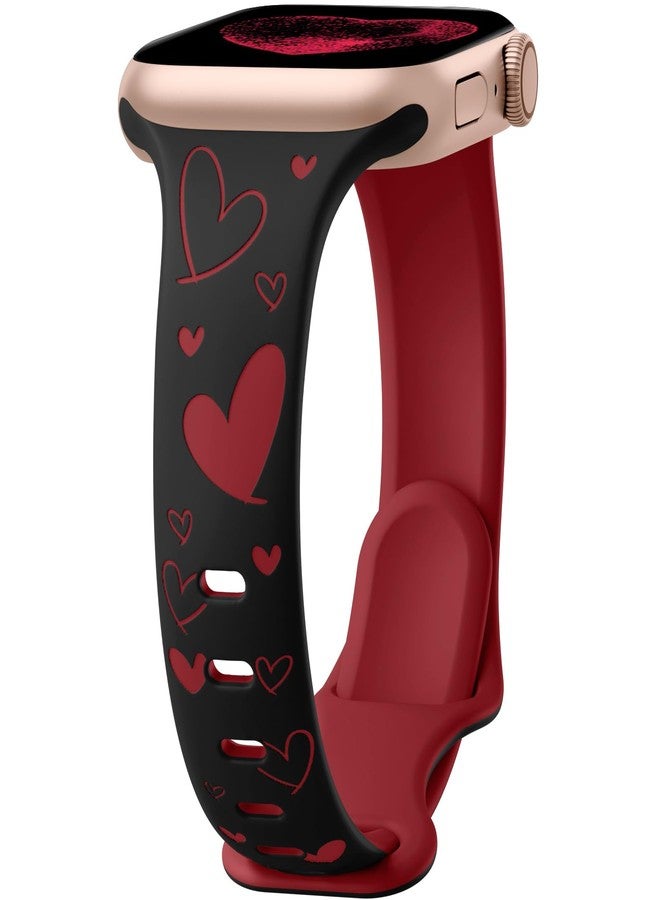 Lerobo Heart Engraved Band Compatible with Apple Watch Bands 44mm 45mm 46mm 42mm 49mm Women, Slim Thin Cute Two-Tone Soft Sport Strap for iWatch Bands Series 11 10 9 8 7 6 5 4 3 2 1 SE Ultra,Black/Red - Image 1