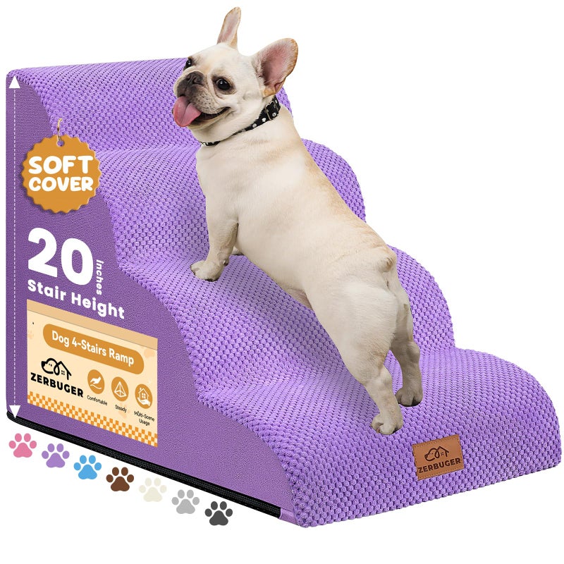 Zerbuger Dog Ramp and Stair for Bed 16" H-20 H,3-Step Cat Stair for Sofa and Chair,4-Step Dog Ramp for High Bed and Window,Durable Nonslip Fabric Cover for Indoor (Purple-20 H, Pet Friendly, 4) - Image 1