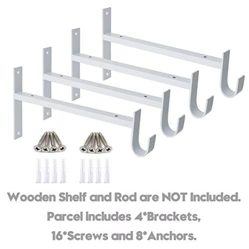 AddGrace Closet Rod Bracket Heavy Duty Shelf Brackets 10 Inch White Wall Mounted Closet Rod Support with Pole Holder Industrial Iron Shelving Supports with Hook 4 Pack - Image 3