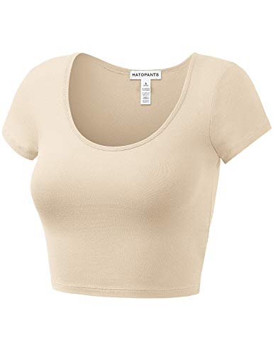 HATOPANTS Women's Cotton Crop Tops Short Sleeve Scoop Neck Stretchy Casual Shirt Taupe S - Image 2