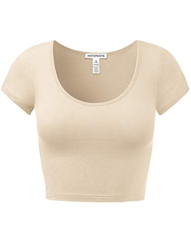 HATOPANTS Women's Cotton Crop Tops Short Sleeve Scoop Neck Stretchy Casual Shirt Taupe S - Image 1