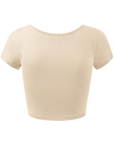 HATOPANTS Women's Cotton Crop Tops Short Sleeve Scoop Neck Stretchy Casual Shirt Taupe S - Image 3