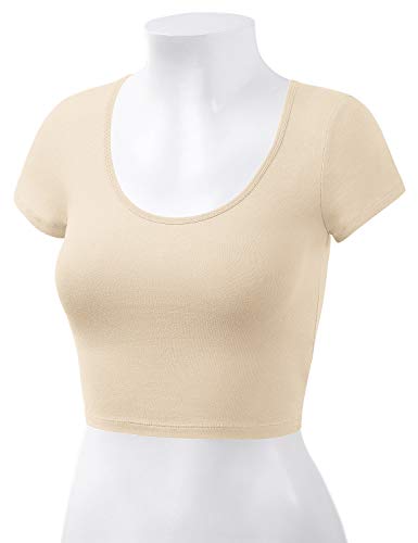 HATOPANTS Women's Cotton Crop Tops Short Sleeve Scoop Neck Stretchy Casual Shirt Taupe S - Image 4