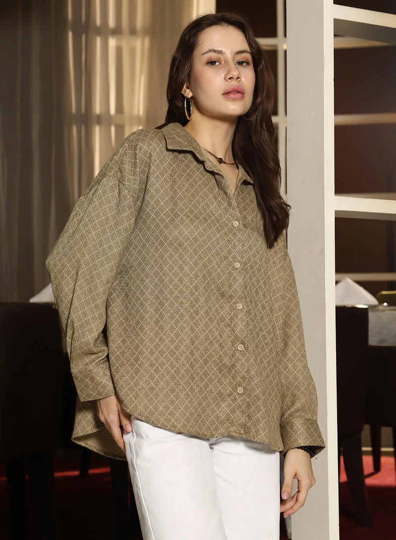 Pinacolada  Women's Olive Green Diamond Dobby Oversized Shirt for Women | Best Price UAE