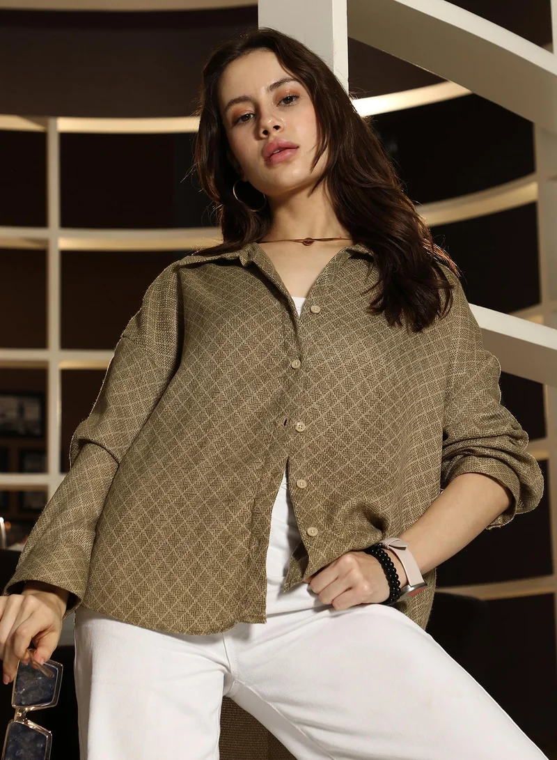 Women's Olive Green Diamond Dobby Oversized Shirt