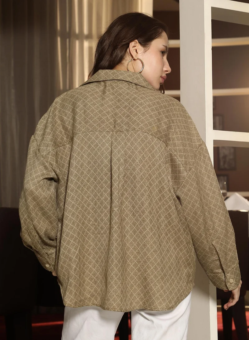 Pinacolada  Women's Olive Green Diamond Dobby Oversized Shirt for Women | Best Price UAE