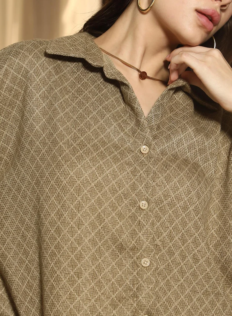 Pinacolada  Women's Olive Green Diamond Dobby Oversized Shirt for Women | Best Price UAE