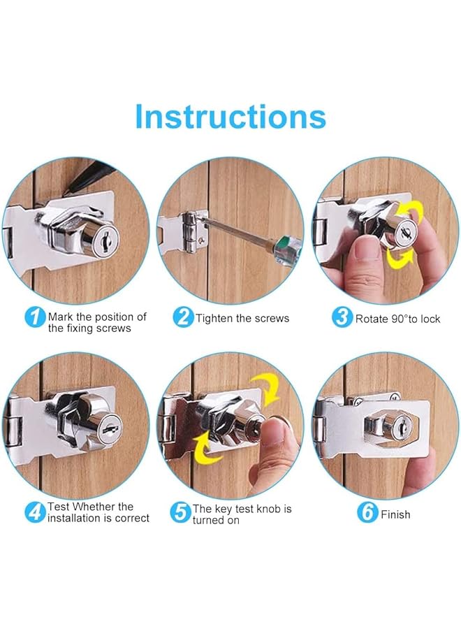 promass Small Hasp and Staple 90 Degrees Metal Lock Hasp 3 Inch/76mm Door Bolt Latch Buckle Safety Door Clasp Knob Shed Locks with Padlock, Key, Screws for Cabinets Cupboard Drawer Gate, Silver - Image 4