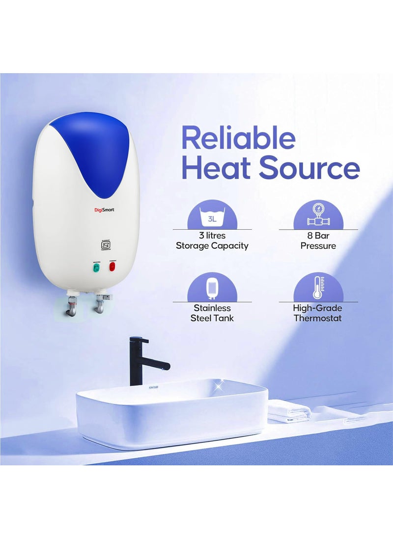 DIGISMART DIGISMART 3Kva Instant 3 Ltr Full Abs Body Special Anti Rust Coating Tank Wall Mounted Geyser With 5 Year Warranty Premium White Blue  - Image 4