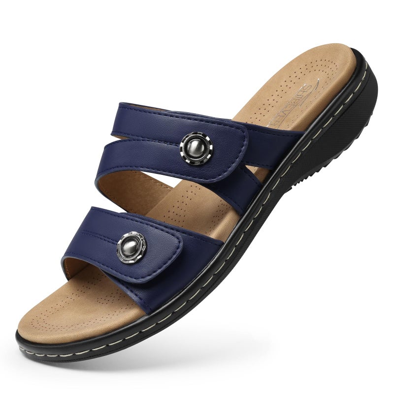 SHIBEVER Flat Sandals Women Dressy: Walking Comfortable - Arch Support Orthopedic Slides Sandals - Summer Navy Blue Sandal Size 8 - Image 1