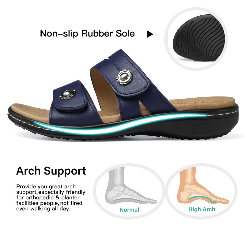SHIBEVER Flat Sandals Women Dressy: Walking Comfortable - Arch Support Orthopedic Slides Sandals - Summer Navy Blue Sandal Size 8 - Image 4