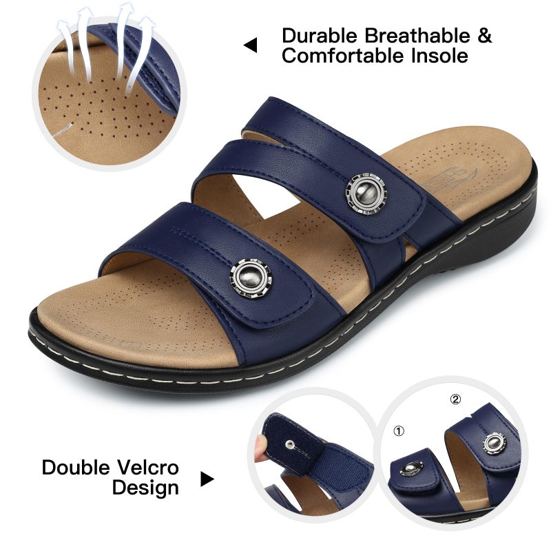 SHIBEVER Flat Sandals Women Dressy: Walking Comfortable - Arch Support Orthopedic Slides Sandals - Summer Navy Blue Sandal Size 8 - Image 5