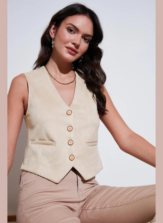 ليلا ليلا سترة صدرية نسائية من جلد السويد بقصة ضيقة وياقة على شكل حرف  وأزرار