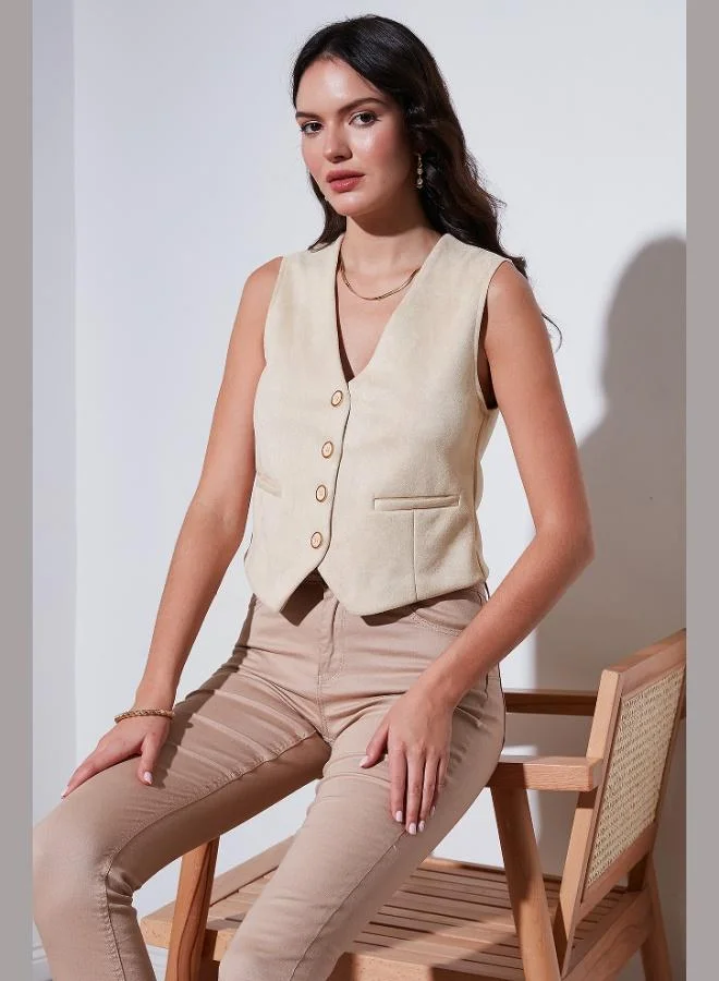 ليلا ليلا سترة صدرية نسائية من جلد السويد بقصة ضيقة وياقة على شكل حرف  وأزرار