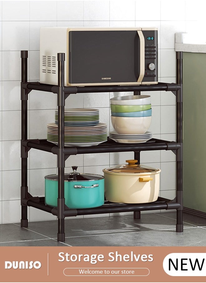 DUNISO 3 Tier Storage Shelves, Stable Kitchen Shelf Organizer, Storage Rack with Wheels, Removable Free Standing Rack with Hooks, Multipurpose Rack, Shelving Unit for Warehouse Basement Kitchen Living Room pantry  - Image 1
