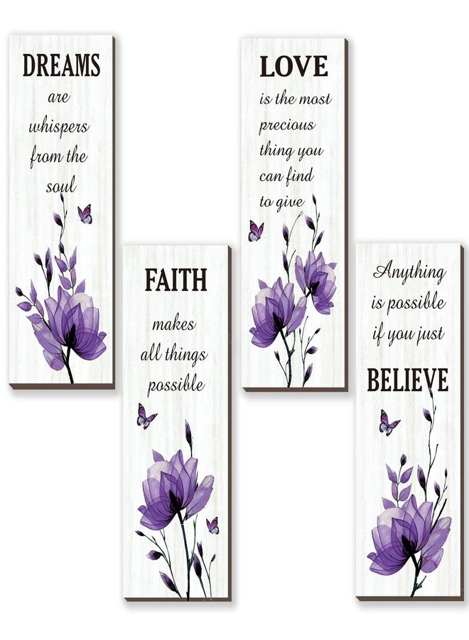 DONFENTHY 4 Pcs Purple Bathroom Decor Purple Wall Decor With Dreams Faith Love Believe Positive Quotes Wooden Rustic Bathroom Accessories for Home Bedroom Living Room Kitchen(Purple Rose 10X4) - Image 1