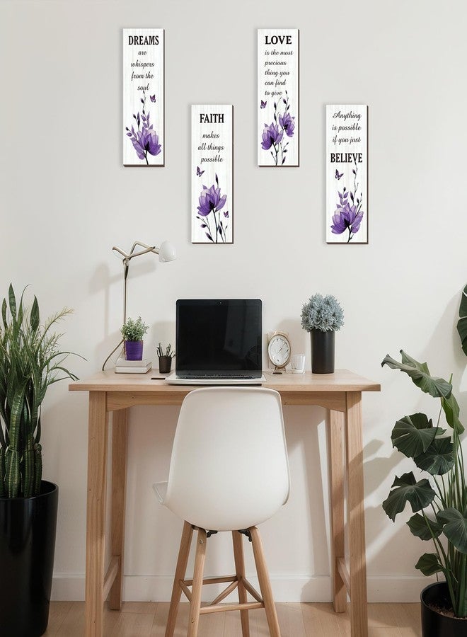 DONFENTHY 4 Pcs Purple Bathroom Decor Purple Wall Decor With Dreams Faith Love Believe Positive Quotes Wooden Rustic Bathroom Accessories for Home Bedroom Living Room Kitchen(Purple Rose 10X4) - Image 5