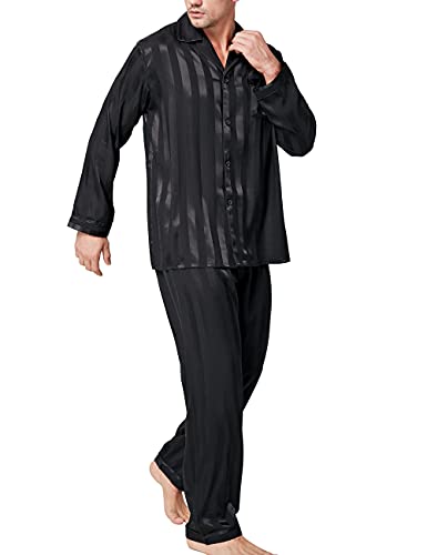 Lonxu Mens Silk Satin Pajamas Set Sleepwear Loungewear Black L - Image 1