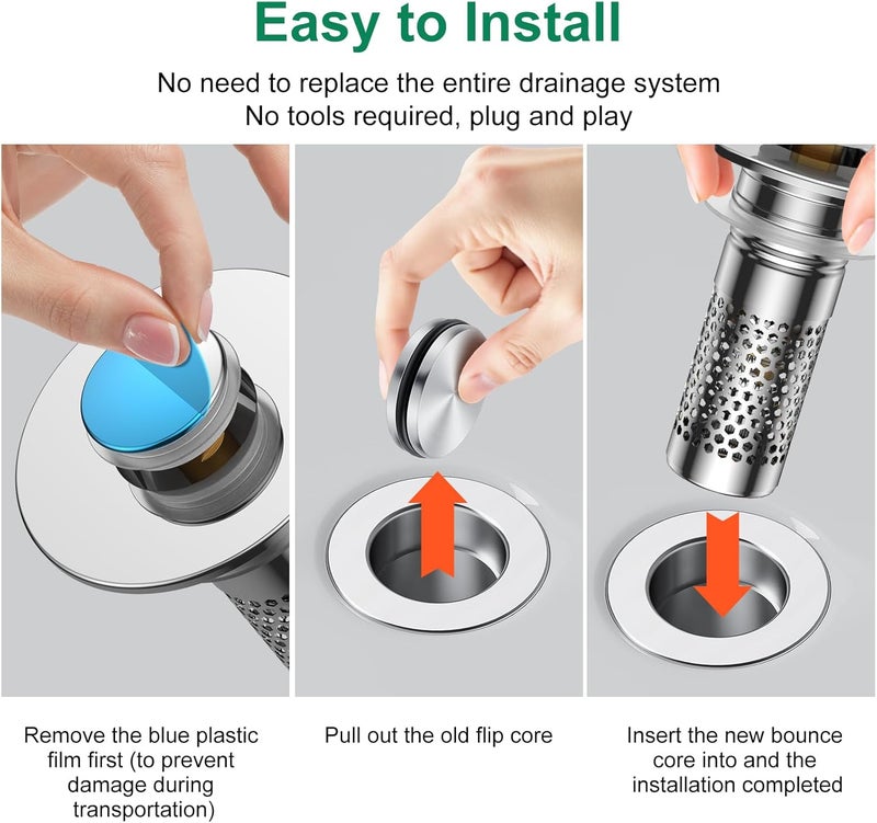 Mengine ​Bathroom Sink Drain Strainer,Universal Pop-Up Sink Stopper Hair Catcher, Stainless Steel Anti-Clog Drain Filter Basket, Removable Sink Drain for Bathroom Sink Stopper Replacement (Silver-4pcs) - Image 4