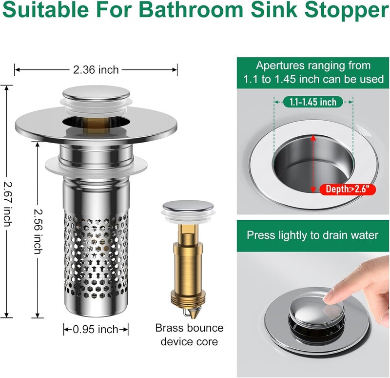 Mengine ​Bathroom Sink Drain Strainer,Universal Pop-Up Sink Stopper Hair Catcher, Stainless Steel Anti-Clog Drain Filter Basket, Removable Sink Drain for Bathroom Sink Stopper Replacement (Silver-4pcs) - Image 2