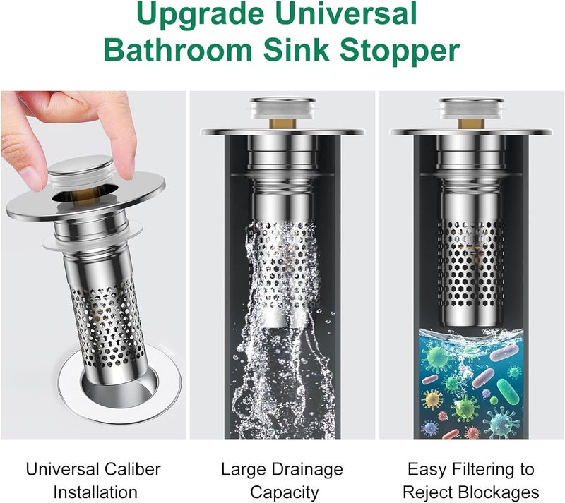 Mengine ​Bathroom Sink Drain Strainer,Universal Pop-Up Sink Stopper Hair Catcher, Stainless Steel Anti-Clog Drain Filter Basket, Removable Sink Drain for Bathroom Sink Stopper Replacement (Silver-4pcs) - Image 3