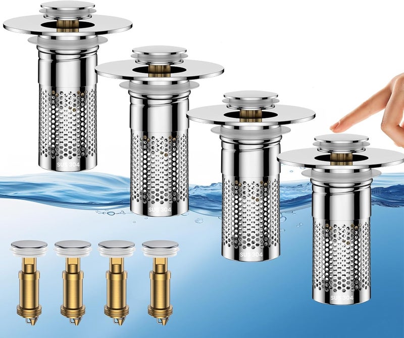 Mengine ​Bathroom Sink Drain Strainer,Universal Pop-Up Sink Stopper Hair Catcher, Stainless Steel Anti-Clog Drain Filter Basket, Removable Sink Drain for Bathroom Sink Stopper Replacement (Silver-4pcs) - Image 1