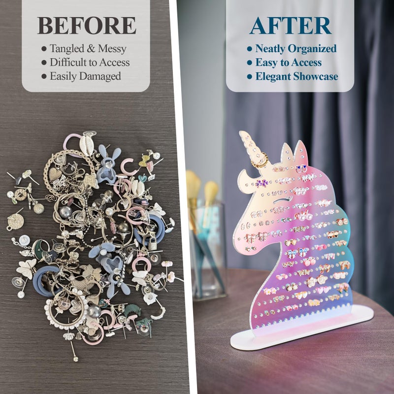 NiHome Acrylic Unicorn Earring Holder with 214 Holes for 80â€“107 Pairs, Colorful Smiling Unicorn Jewelry Display Stand for Teens & Women,Stud & Dangle Earring Organizer with Anti-Slip Pads(Iridescent) - Image 3
