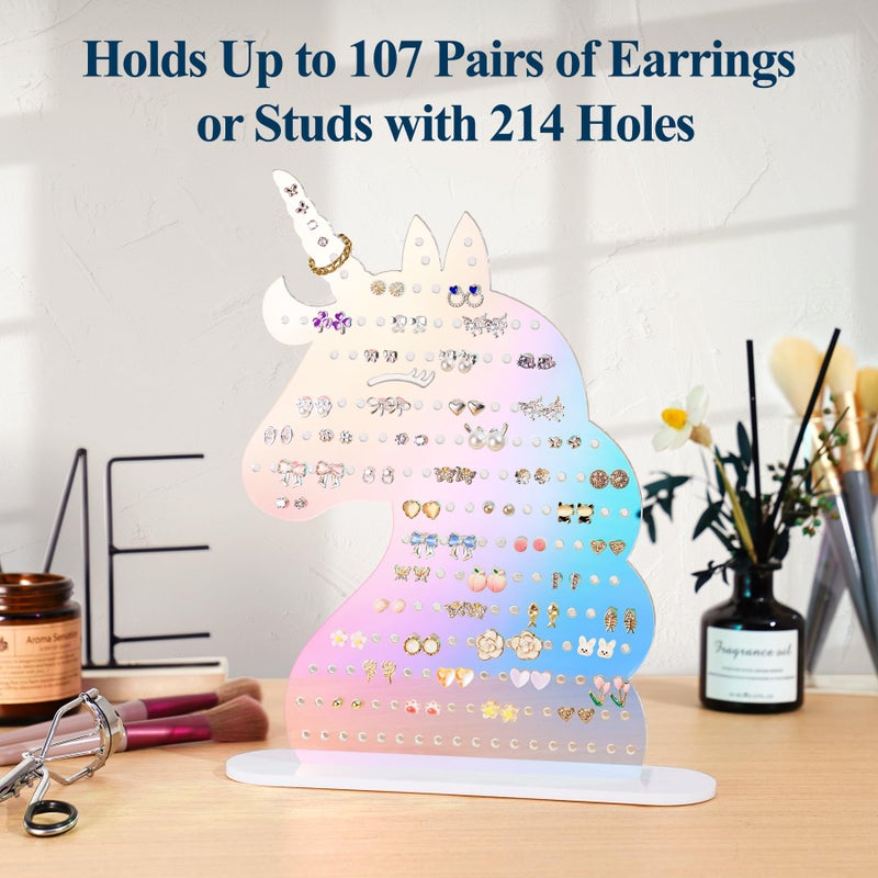 NiHome Acrylic Unicorn Earring Holder with 214 Holes for 80â€“107 Pairs, Colorful Smiling Unicorn Jewelry Display Stand for Teens & Women,Stud & Dangle Earring Organizer with Anti-Slip Pads(Iridescent) - Image 2