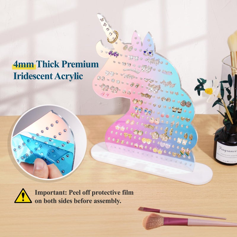 NiHome Acrylic Unicorn Earring Holder with 214 Holes for 80â€“107 Pairs, Colorful Smiling Unicorn Jewelry Display Stand for Teens & Women,Stud & Dangle Earring Organizer with Anti-Slip Pads(Iridescent) - Image 4