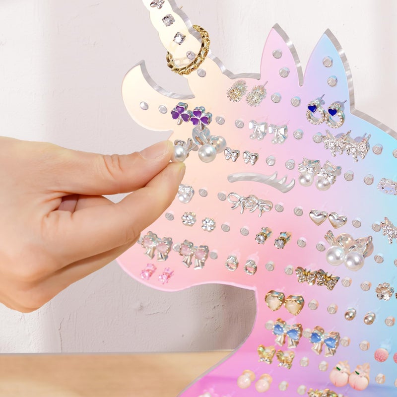 NiHome Acrylic Unicorn Earring Holder with 214 Holes for 80â€“107 Pairs, Colorful Smiling Unicorn Jewelry Display Stand for Teens & Women,Stud & Dangle Earring Organizer with Anti-Slip Pads(Iridescent) - Image 5