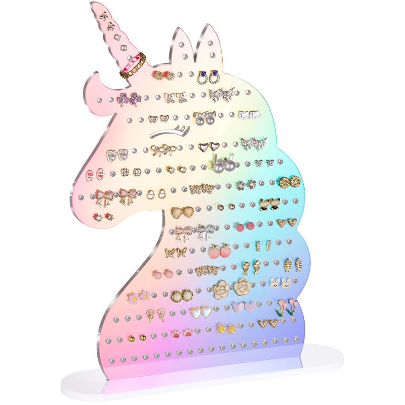 NiHome Acrylic Unicorn Earring Holder with 214 Holes for 80â€“107 Pairs, Colorful Smiling Unicorn Jewelry Display Stand for Teens & Women,Stud & Dangle Earring Organizer with Anti-Slip Pads(Iridescent) - Image 1