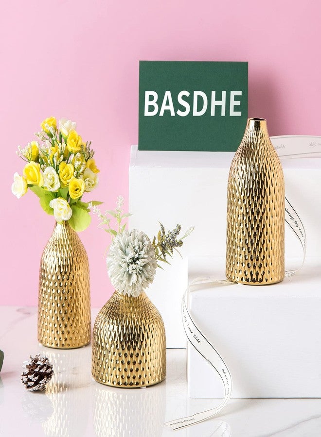 BASDHE Ceramic Vase Set - 3 Small Vases, Luxurious Home Decor, Great for Centerpieces; Ideal Shelf Décor, Table Décor, Bookshelf, Mantle, Entryway- Gold - Image 5