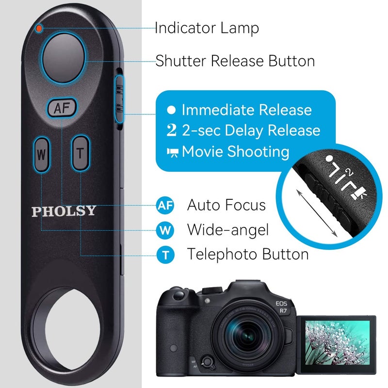 PHOLSY BR-E1 Bluetooth Camera Wireless Remote Control Compatible with Canon R7, R10, R3, R5, R6ii, R8, 90D, 200D, 200DII, 250D, 6DII, 77D, 800D, 850D, M6ii, M50, M50-II, M200, G5X-II, G7X-III, SX70HS - Image 2