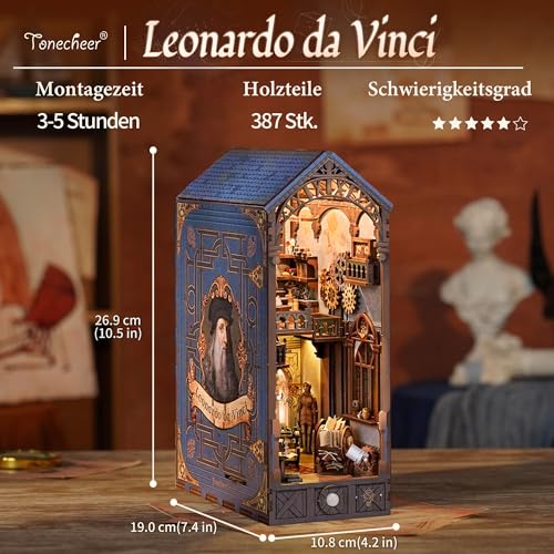 Tonecheer DIY Book Nook Kit for Adults 3D Puzzle Wooden Miniature House Kit Booknook Dollhouse Bookshelf Insert Decor Bookend with Dust Cover and LED Lights Gifts Leonardo da Vinci - Image 5