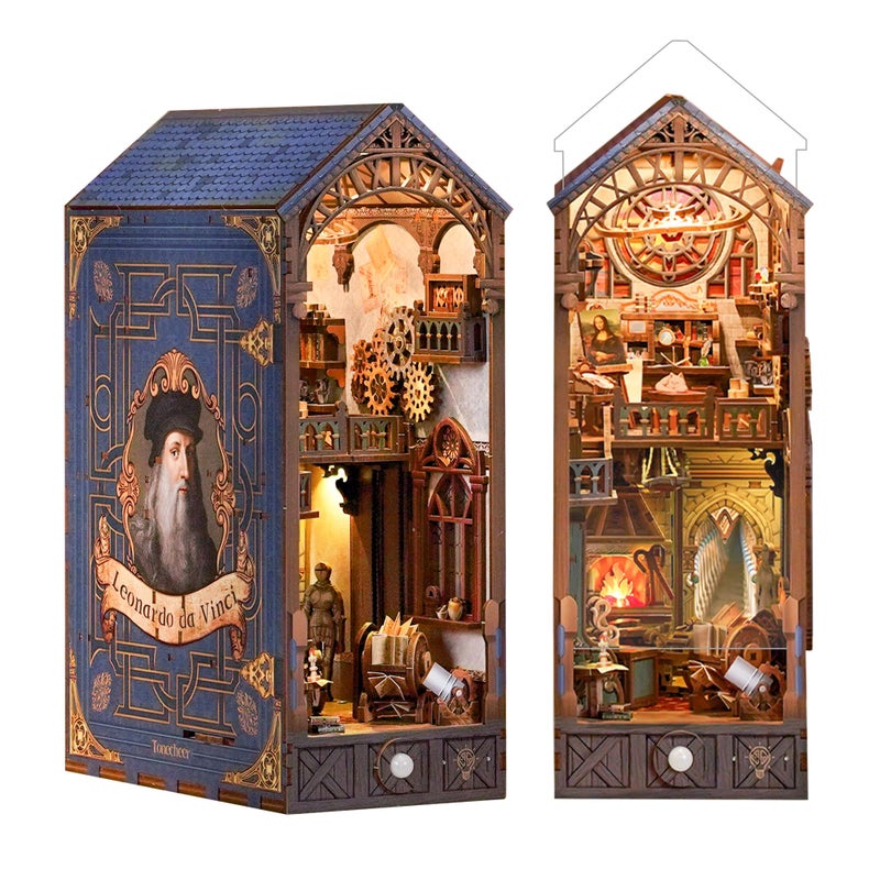 Tonecheer DIY Book Nook Kit for Adults 3D Puzzle Wooden Miniature House Kit Booknook Dollhouse Bookshelf Insert Decor Bookend with Dust Cover and LED Lights Gifts Leonardo da Vinci - Image 2
