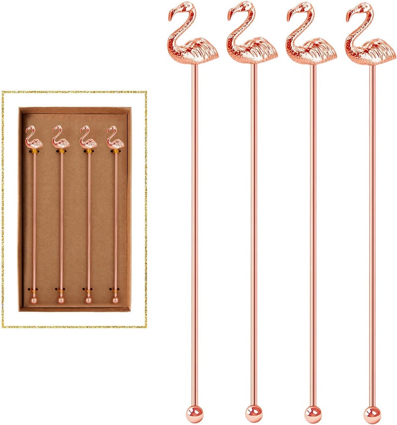 GaryVault 4 قطع عصي تحريك كوكتيل على شكل فلامينغو من الفولاذ المقاوم للصدأ 7.28" مع رأس مزخرف لخلط الكوكتيل، الكاكاو الساخن، الكريمة، ذهب وردي - Image 1