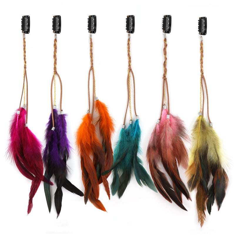 6Pcs Clip in Feather Hair Extension Handmade Feather Extension Women Halloween Costume Hair Accessories Bohemian Hippie Hair Clips Cosplay Native Tribal Feather Braided Beads Headdress