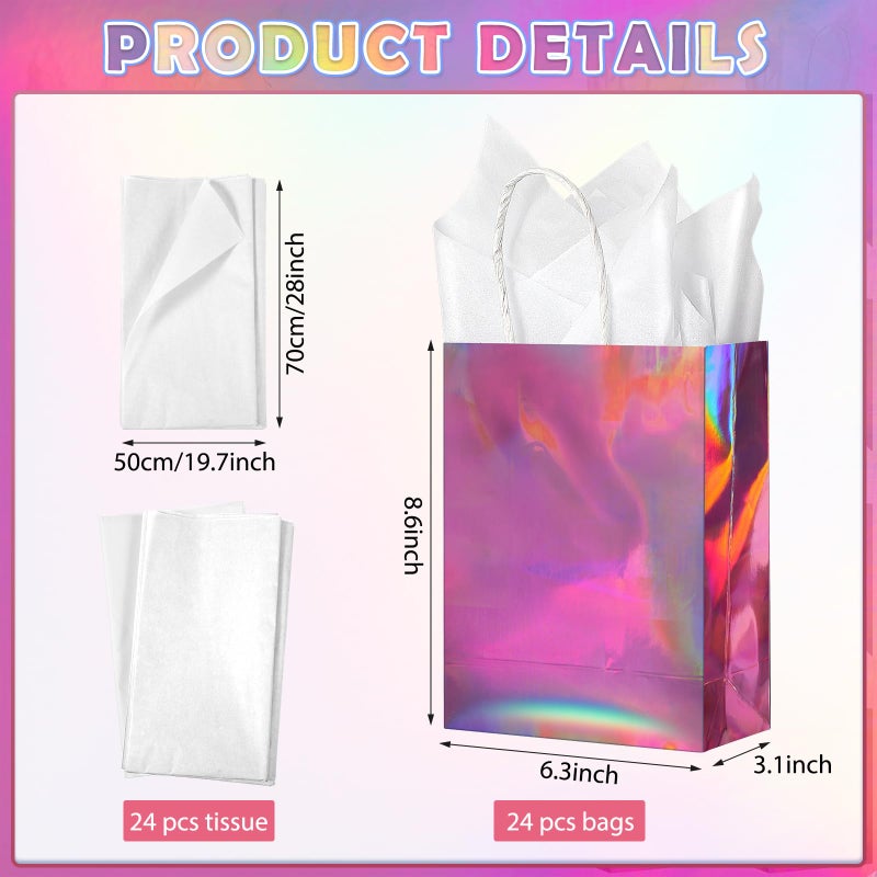 Pascliyna 24 Pcs Iridescent Pink Gift Bags Decorations, Holographic Foil Party Favor Bags with Handles, Pink Paper Candy Goodie Bag with 24 Tissue Paper for Graduation Birthday Baby Shower Party Supplies - Image 2