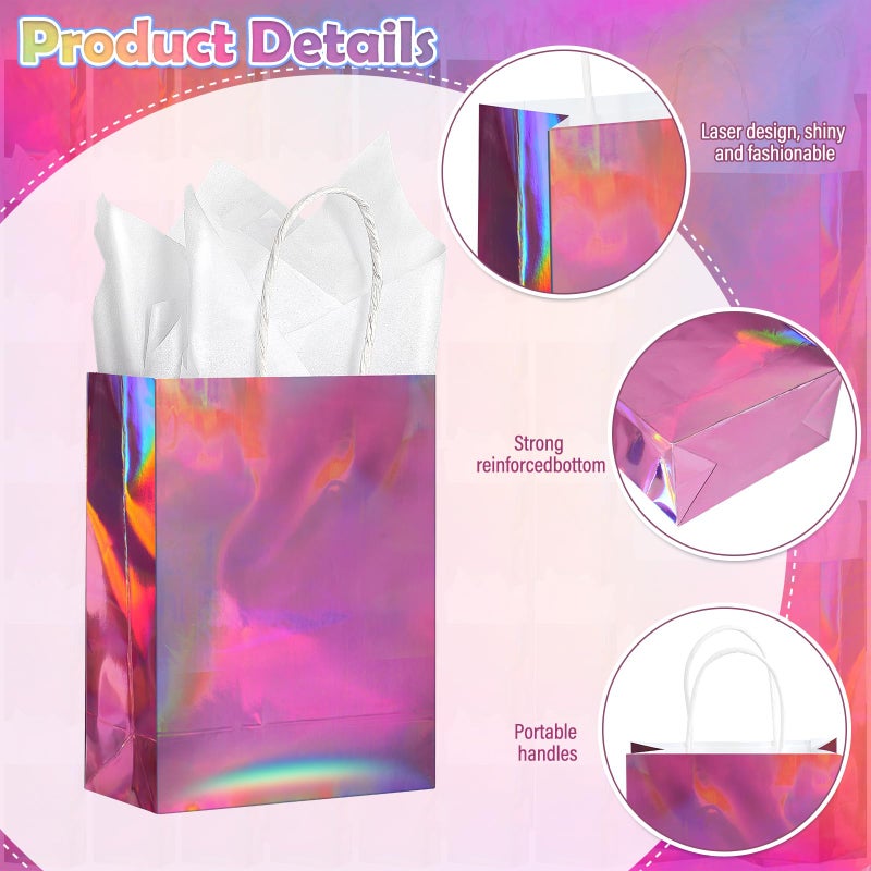 Pascliyna 24 Pcs Iridescent Pink Gift Bags Decorations, Holographic Foil Party Favor Bags with Handles, Pink Paper Candy Goodie Bag with 24 Tissue Paper for Graduation Birthday Baby Shower Party Supplies - Image 3