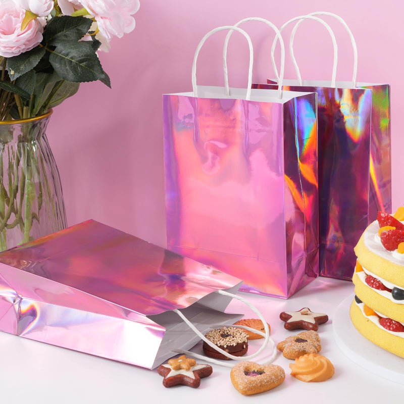 Pascliyna 24 Pcs Iridescent Pink Gift Bags Decorations, Holographic Foil Party Favor Bags with Handles, Pink Paper Candy Goodie Bag with 24 Tissue Paper for Graduation Birthday Baby Shower Party Supplies - Image 5