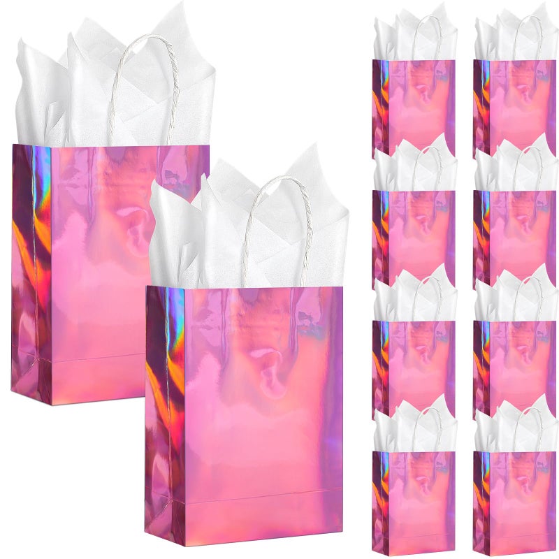 Pascliyna 24 Pcs Iridescent Pink Gift Bags Decorations, Holographic Foil Party Favor Bags with Handles, Pink Paper Candy Goodie Bag with 24 Tissue Paper for Graduation Birthday Baby Shower Party Supplies - Image 1