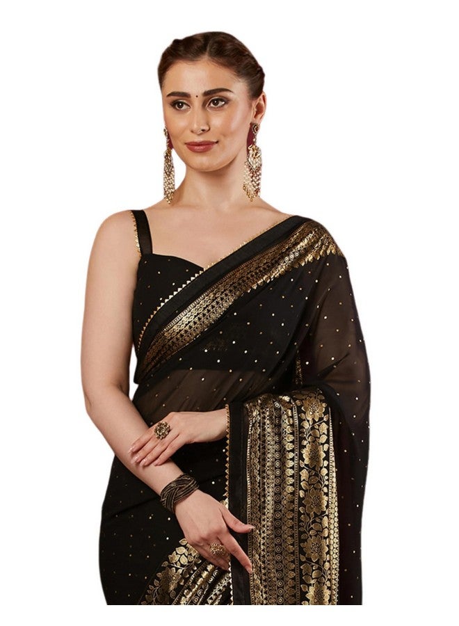 SIRIL Women's Georgette Foil Printed Saree with Unstitched Blouse Piece (4402S3152_Black) - Image 1